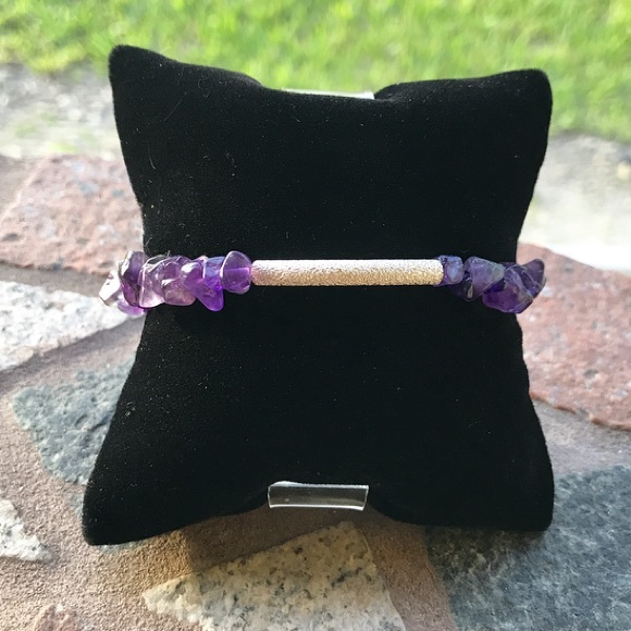 amethyst gem chips silver bar bracelet - Picture 7 of 8
